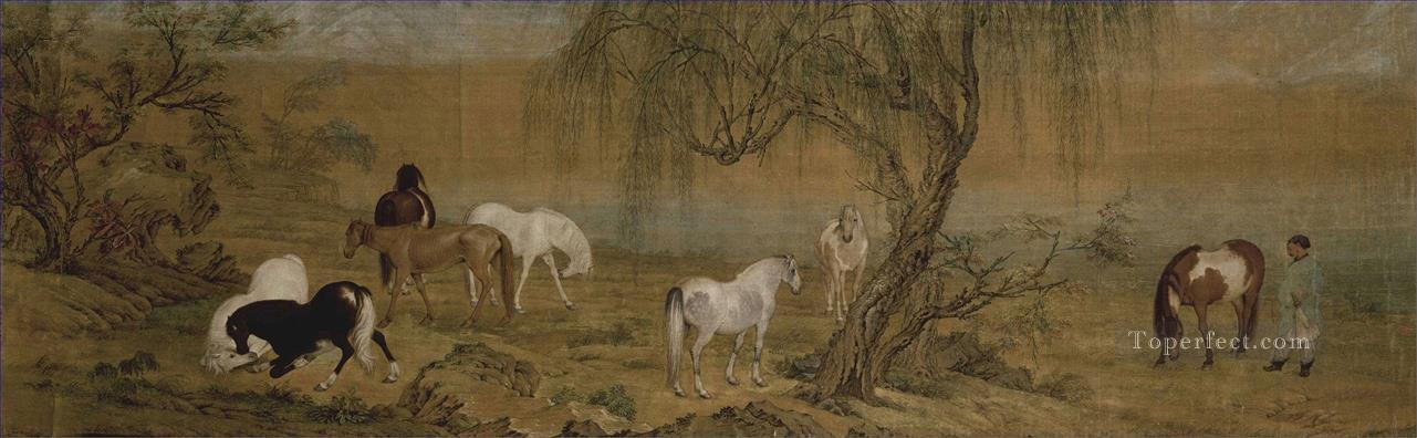 Lang caballos brillantes en el campo tinta china antigua Giuseppe Castiglione Pintura al óleo